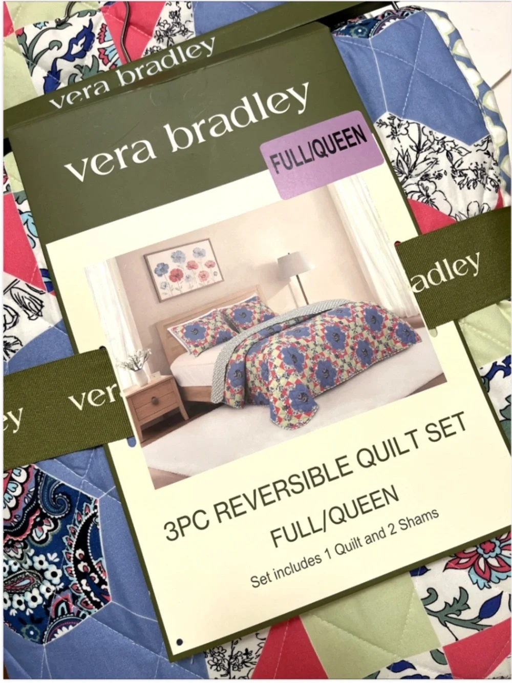 Vera Bradley Full Queen Quilt Set 3PC Reversible Floral Patchwork Blue Green NWT